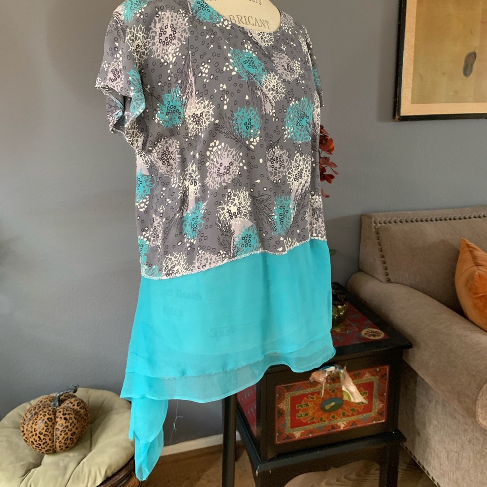 Beautiful hand sewn tunic, by local artist, using vintage French silk material.